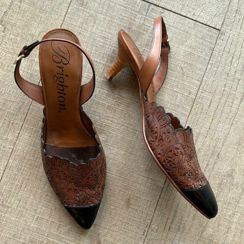 Brighton Fancy Brown & Black Laser Cut Kitten Heel Slingback Shoes Size 8 - Picture 10 of 10
